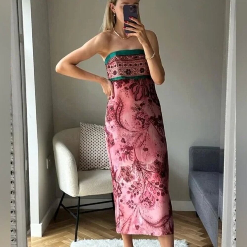 Zara Pink Paisley Strapless Midi Dress with Green Trim